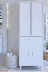 Luma Kapaklı & Çekmeceli Banyo Dolabı 55 cm Genişlikte Beyaz Dolap 55x173x32,5 cm Depolama Dolabı