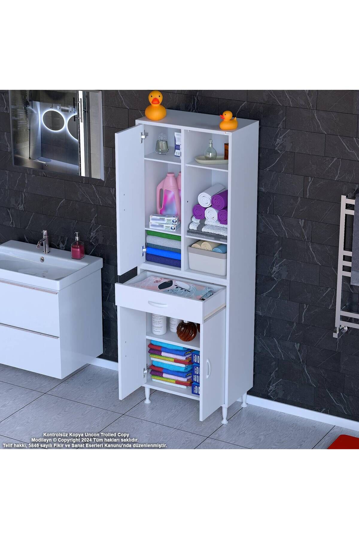 Rivo 4 Raflı Banyo/Mutfak Dolabı 55 cm Beyaz Renkli Çok Amaçlı Dolap 55x173x32,5 cm Ebatlarında