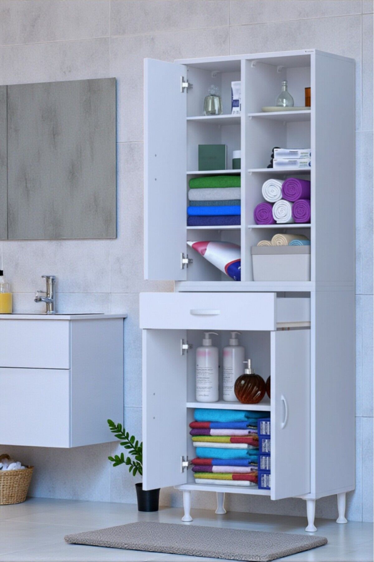 Funci Beyaz Renk G:55 cm Banyo Dolabı 3 Kapaklı 7 Raflı Dolap 55x173x32,5 cm Boyutlarında Dolap
