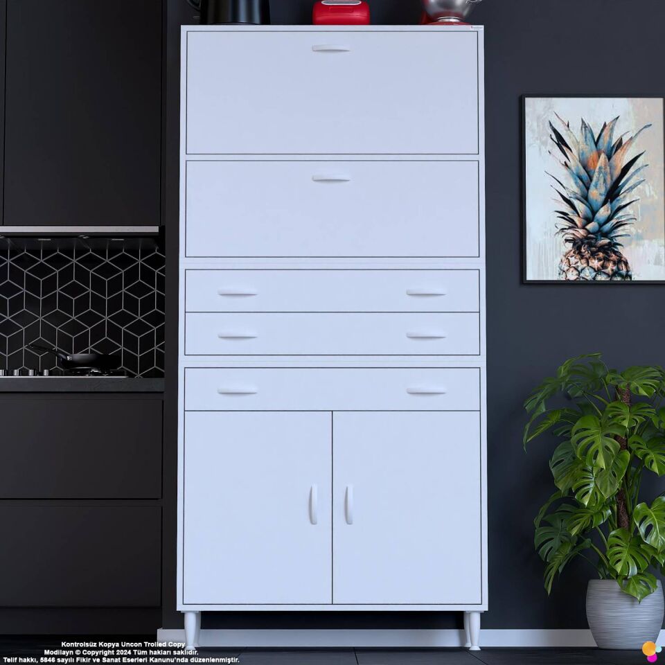 Lorin 95 cm 4 Kapaklı Raflı Çok Amaçlı Mutfak Kiler ve Depolama Dolabı Beyaz Boy Dolabı-95x194x32 cm