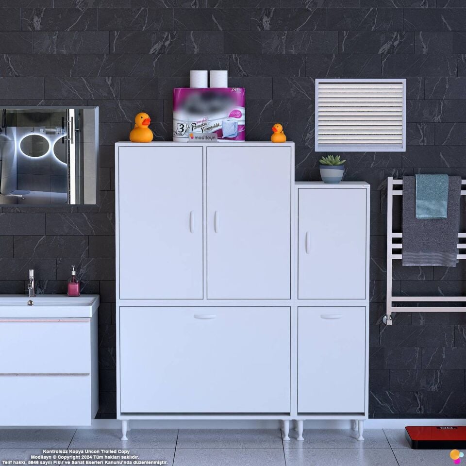 Efil 145 cm 3 Kapaklı Raflı ve 3 Bölmeli Sepetli Çok Amaçlı Banyo Dolabı - Beyaz ((95+50)x160x32 cm)