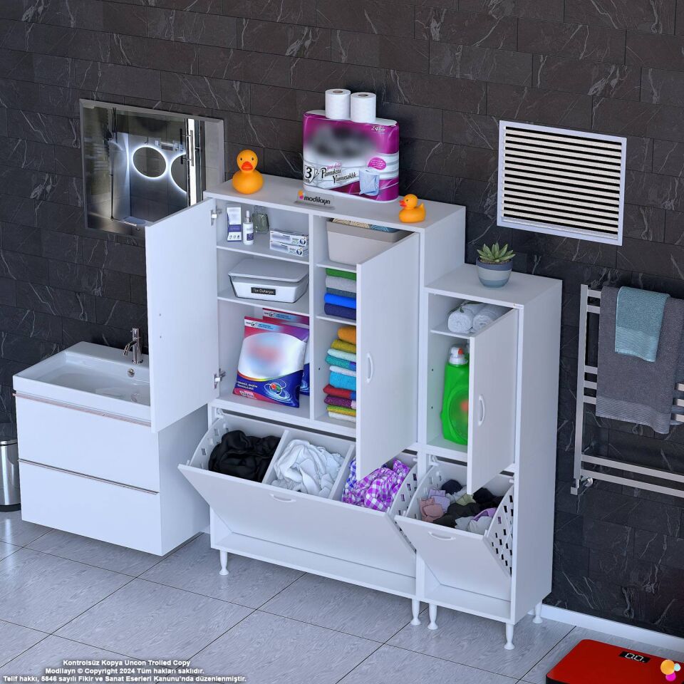 Efil 145 cm 3 Kapaklı Raflı ve 3 Bölmeli Sepetli Çok Amaçlı Banyo Dolabı - Beyaz ((95+50)x160x32 cm)