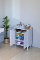 Sabir 60 cm 2 Raflı Beyaz Banyo Mutfak Dolabı 3 Bölmeli Çok Amaçlı Dolap 60x75x32,5 cm Düzenleyici