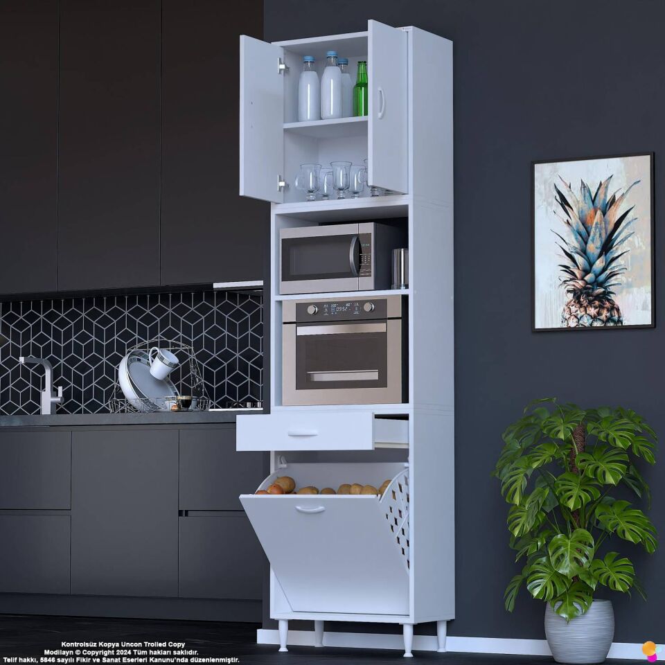 Belin 55 cm Fırın Dolabı Kahve Köşesi Kapaklı Sepetli Mutfak Kiler Dolabı Banyo Dolabı 55x226x32 cm