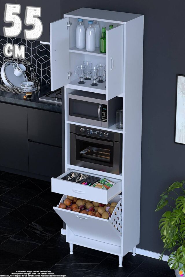 Belin 55 cm Fırın Dolabı Kahve Köşesi Kapaklı Sepetli Mutfak Kiler Dolabı Banyo Dolabı 55x226x32 cm