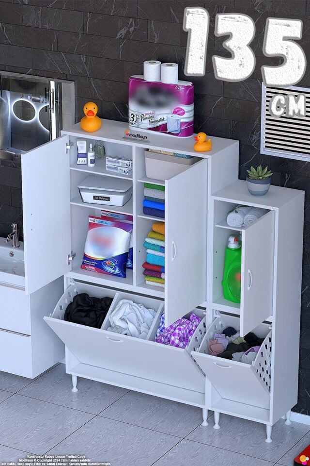 Eslem 135 cm Çok Amaçlı 3 Kapaklı Raflı/Üç Bölmeli Sepetli Banyo Dolabı - Beyaz ((100+35)x160x32 cm)