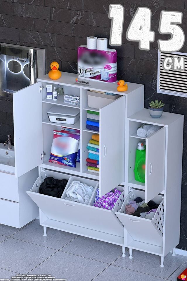 Eslem 145 cm Çok Amaçlı 3 Kapaklı Raflı/Üç Bölmeli Sepetli Banyo Dolabı - Beyaz ((100+45)x160x32 cm)