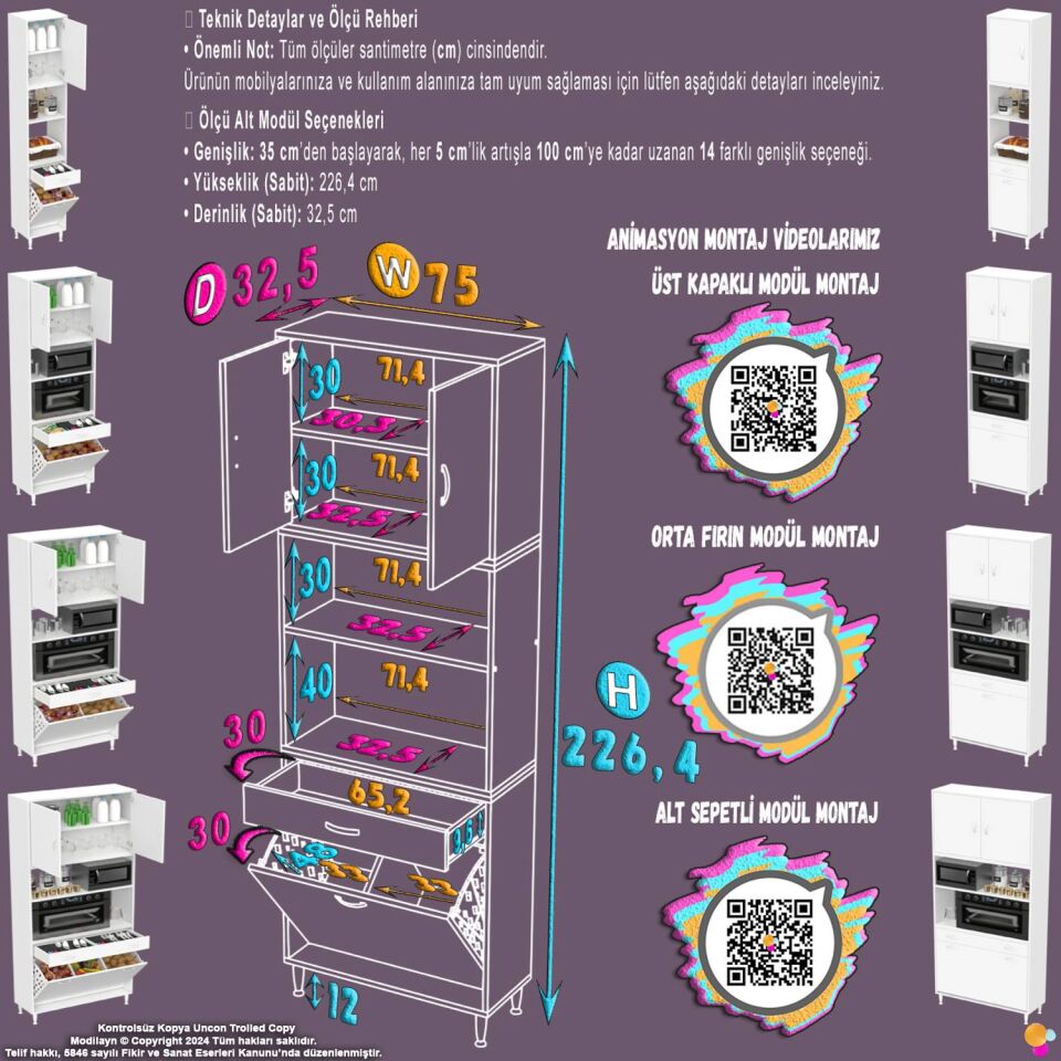 Belin 75 cm Fırın Dolabı Kahve Köşesi Kapaklı Sepetli Mutfak Kiler Dolabı Banyo Dolabı 75x226x32 cm