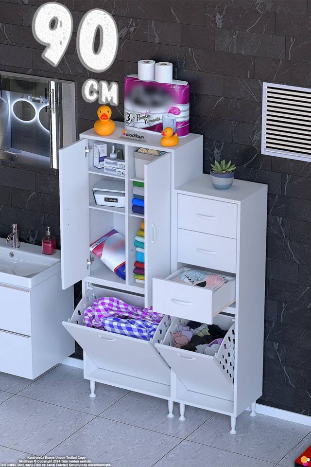 Narin 90 cm Banyo Dolabı Sepetli Kiler/Mutfak Dolabı - Beyaz ((55+35)x160x32 cm)