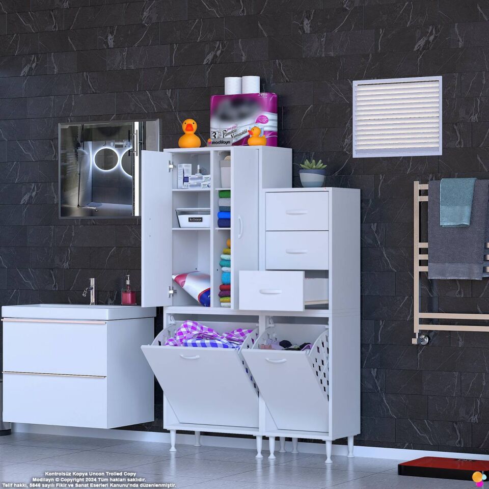 Narin 90 cm Banyo Dolabı Sepetli Kiler/Mutfak Dolabı - Beyaz ((55+35)x160x32 cm)