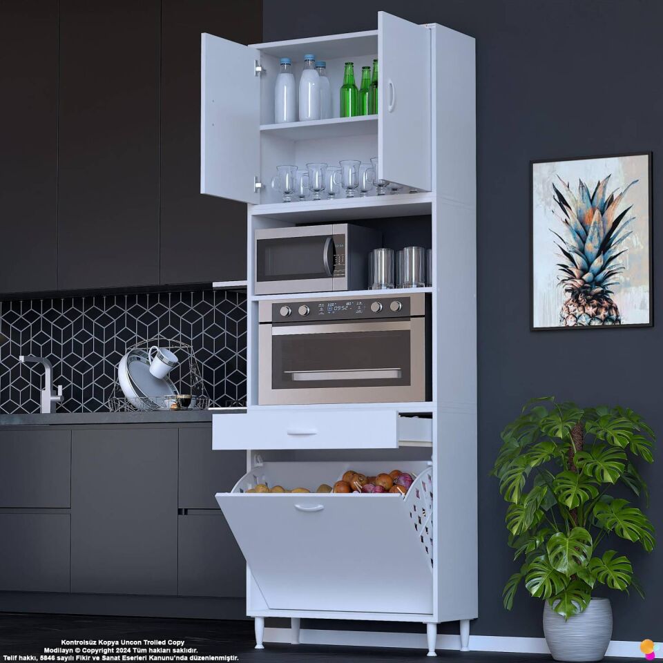 Belin 80 cm Fırın Dolabı Kahve Köşesi Kapaklı Sepetli Mutfak Kiler Dolabı Banyo Dolabı 80x226x32 cm