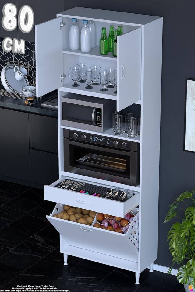 Belin 80 cm Fırın Dolabı Kahve Köşesi Kapaklı Sepetli Mutfak Kiler Dolabı Banyo Dolabı 80x226x32 cm