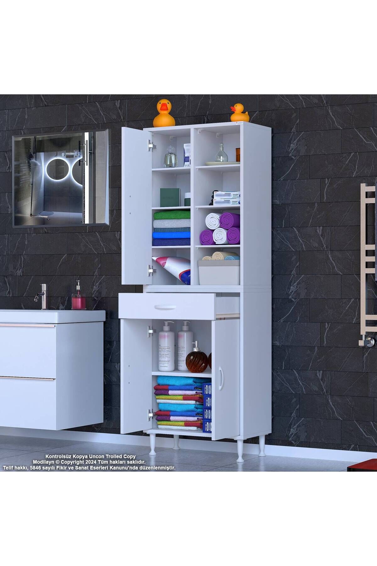 Funci Beyaz Renk G:60 cm Banyo Dolabı 3 Kapaklı 7 Raflı Dolap 60x173x32,5 cm Boyutlarında Dolap
