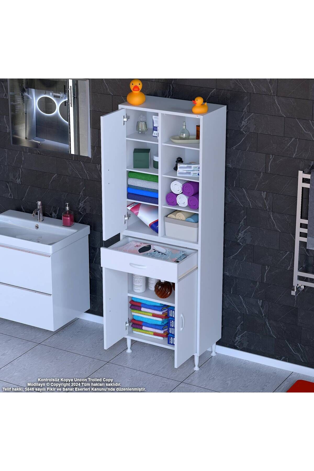 Funci Beyaz Renk G:60 cm Banyo Dolabı 3 Kapaklı 7 Raflı Dolap 60x173x32,5 cm Boyutlarında Dolap