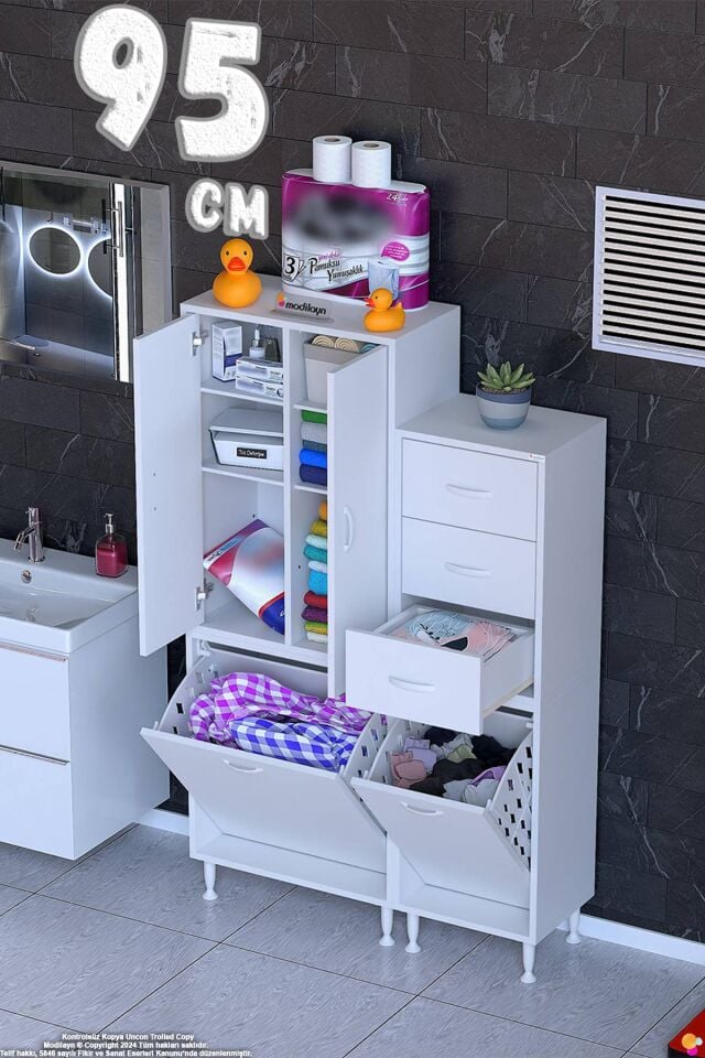 Narin 95 cm Banyo Dolabı Sepetli Kiler/Mutfak Dolabı - Beyaz ((55+40)x160x32 cm)