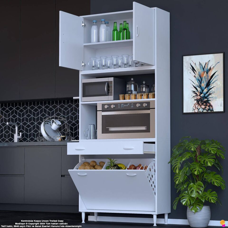 Belin 90 cm Fırın Dolabı Kahve Köşesi Kapaklı Sepetli Mutfak Kiler Dolabı Banyo Dolabı 90x226x32 cm