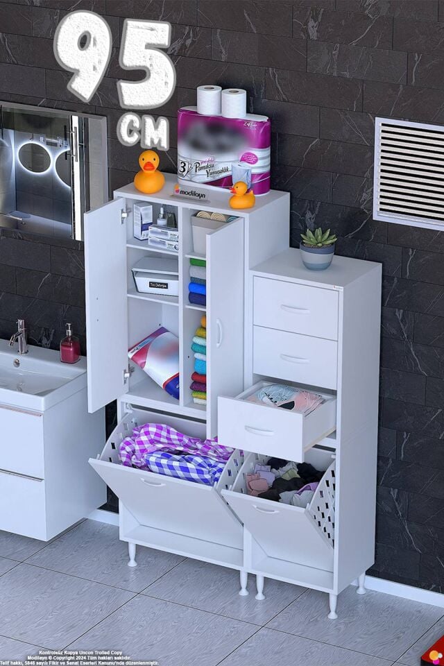 Teo 95 cm 3 Çekmeceli Çamaşır Sepetli Çok Amaçlı Banyo Dolabı - Beyaz ((60+35)x160x32 cm)