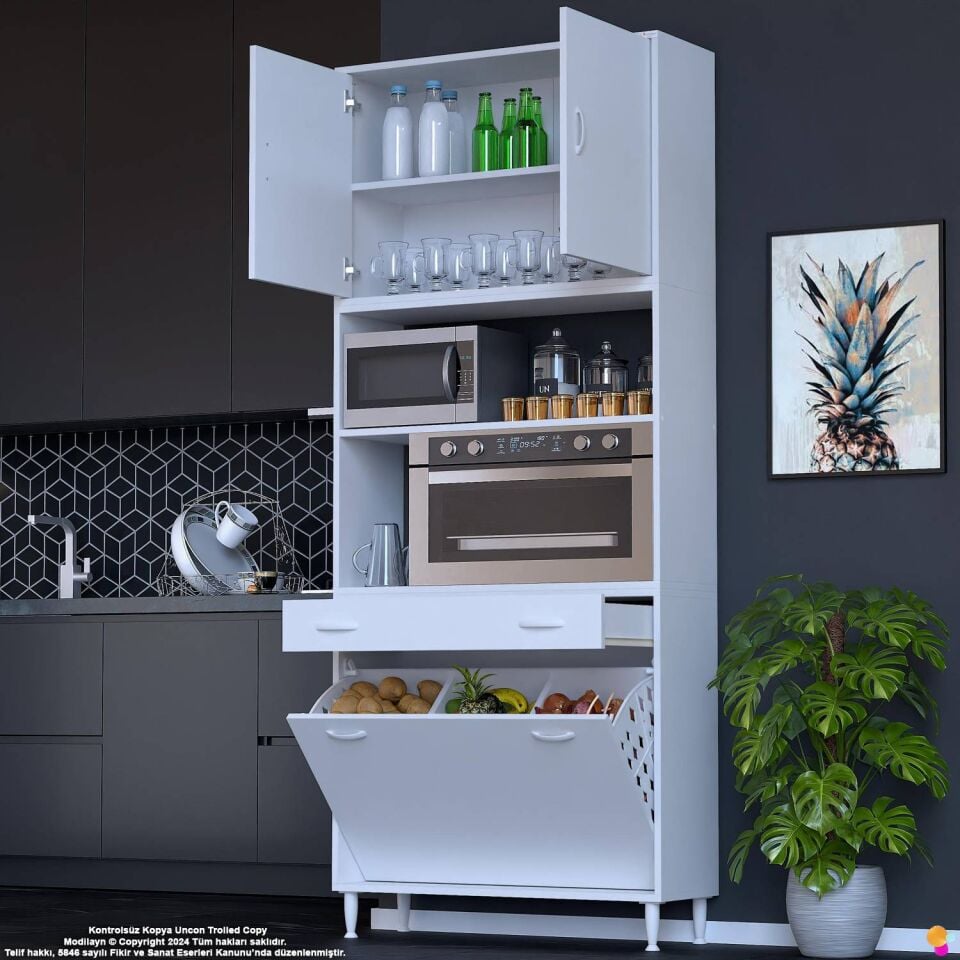 Belin 100 cm Fırın Dolabı Kahve Köşesi Kapaklı Sepetli Mutfak Kiler Dolabı Banyo Dolabı 100x226x32cm