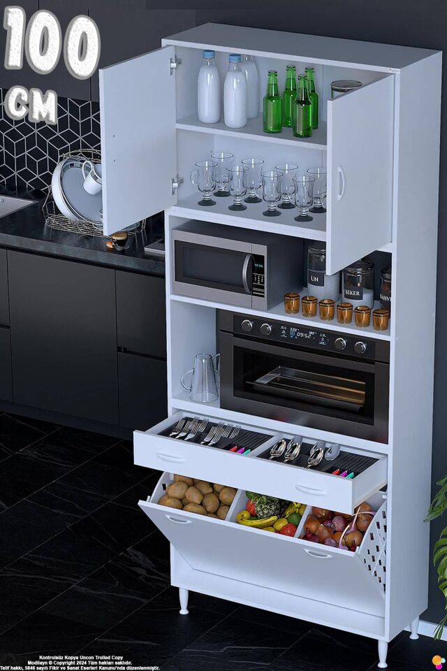 Belin 100 cm Fırın Dolabı Kahve Köşesi Kapaklı Sepetli Mutfak Kiler Dolabı Banyo Dolabı 100x226x32cm