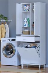 Wall Beyaz Banyo Dolabı 60 cm Tek Göz Bölmeli Sepet 60x171x32,5 cm 4 Raflı Mutfak/Banyo Dolabı