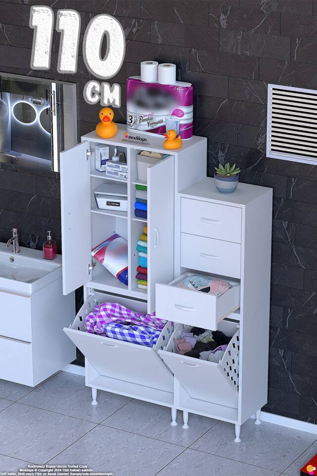 Teo 110 cm 3 Çekmeceli Çamaşır Sepetli Çok Amaçlı Banyo Dolabı - Beyaz ((60+50)x160x32 cm)