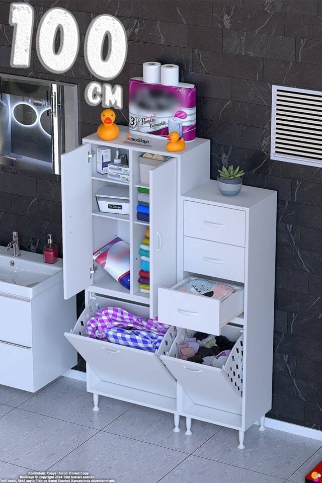 Hayal 100 cm Kirli Çamaşır Dolabı Çok Amaçlı Modüler Banyo Dolabı - Beyaz ((65+35)x160x32 cm)