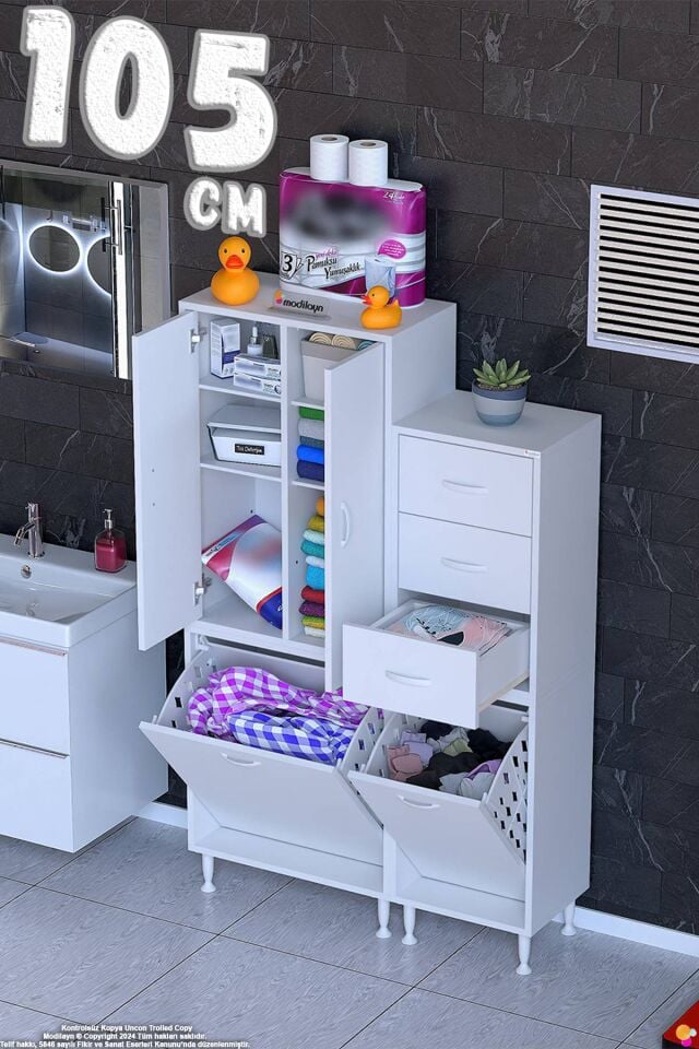 Hayal 105 cm Kirli Çamaşır Dolabı Çok Amaçlı Modüler Banyo Dolabı - Beyaz ((65+40)x160x32 cm)
