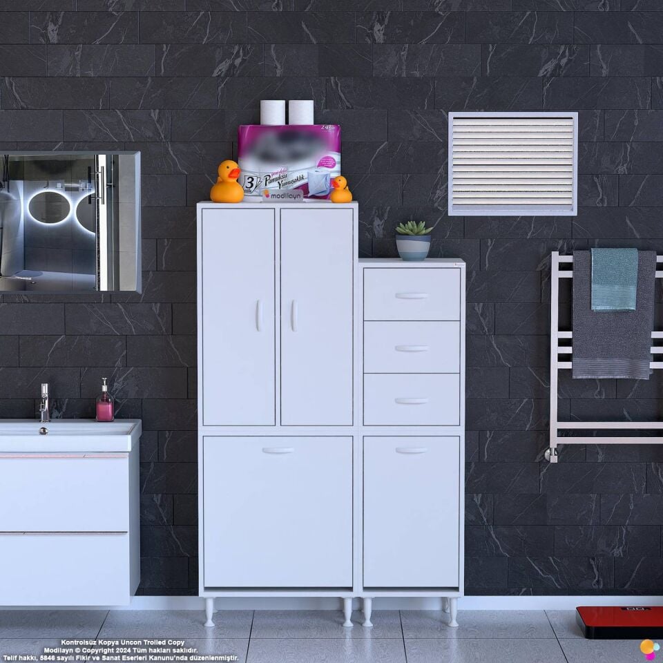Hayal 105 cm Kirli Çamaşır Dolabı Çok Amaçlı Modüler Banyo Dolabı - Beyaz ((65+40)x160x32 cm)