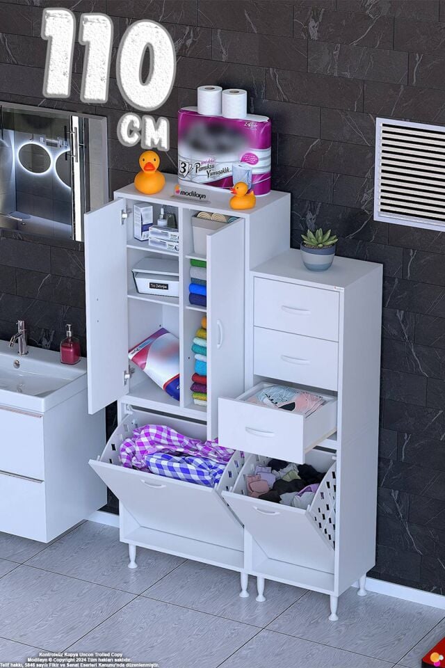 Hayal 110 cm Kirli Çamaşır Dolabı Çok Amaçlı Modüler Banyo Dolabı - Beyaz ((65+45)x160x32 cm)