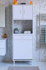 Seris Sepetli ve Çekmeceli Banyo Dolabı G:60 cm Çok Amaçlı Beyaz Düzenleyici 60x173x32,5 cm Dolap