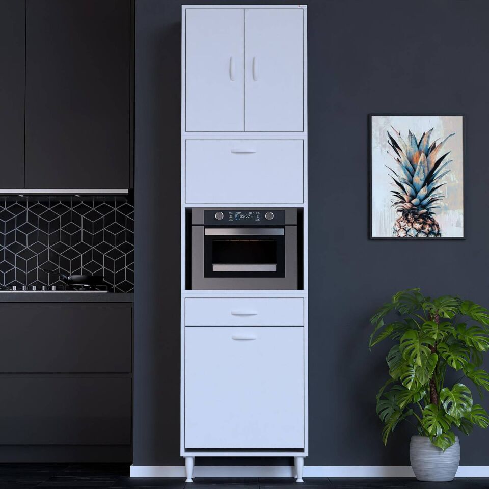 Zevra 55 cm Fırın Dolabı Sepetli Kapaklı 4 Bölmeli Çok Amaçlı Mutfak Kiler Banyo Dolabı 55x226x32 cm