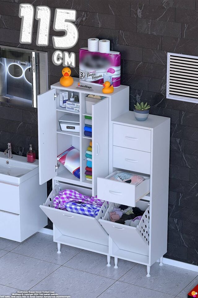 Hayal 115 cm Kirli Çamaşır Dolabı Çok Amaçlı Modüler Banyo Dolabı - Beyaz ((65+50)x160x32 cm)