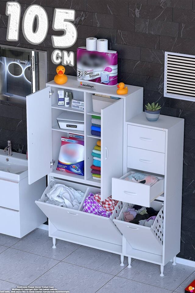 Kaya 105 cm Modüler Banyo/Mutfak Dolabı Kapaklı 3 Çekmece Sepetli Dolap - Beyaz ((70+35)x160x32 cm)