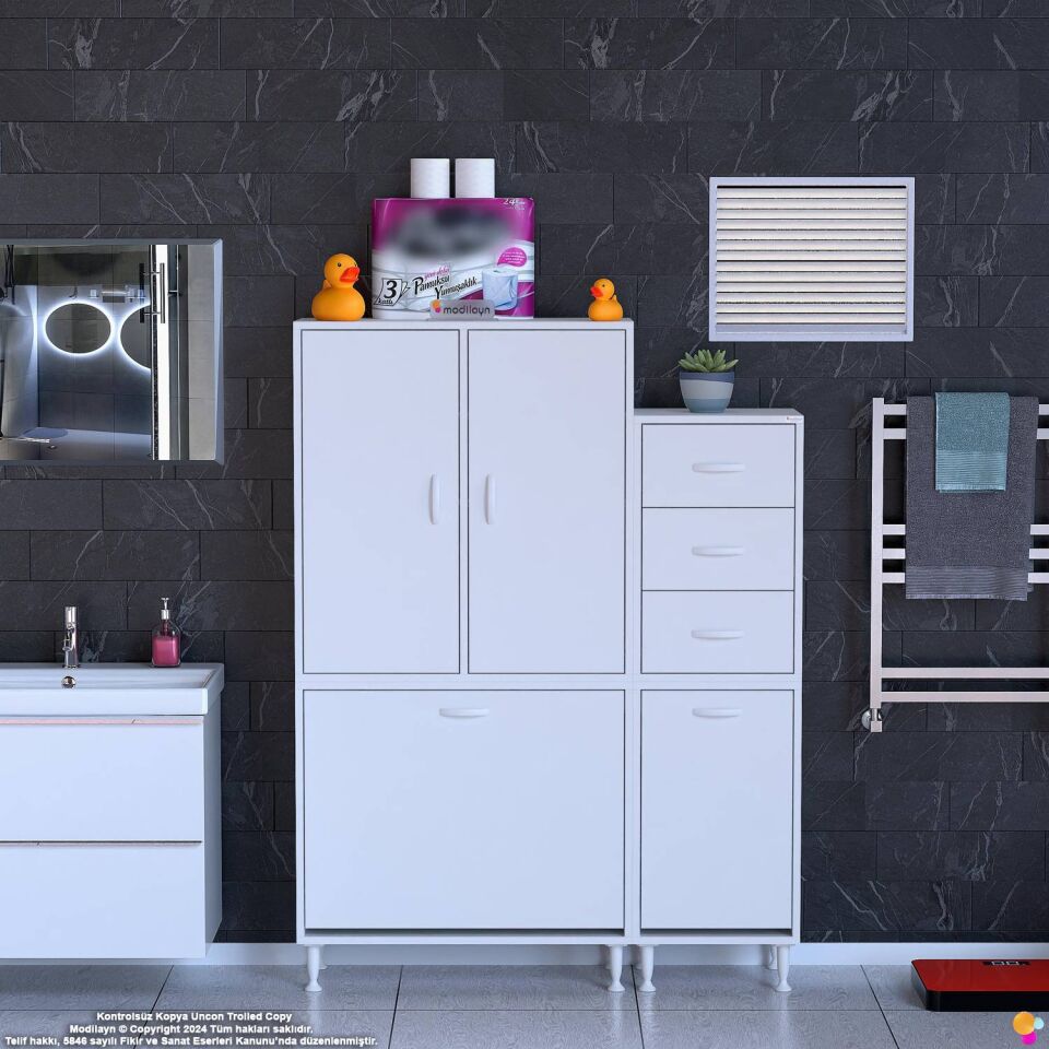 Kaya 105 cm Modüler Banyo/Mutfak Dolabı Kapaklı 3 Çekmece Sepetli Dolap - Beyaz ((70+35)x160x32 cm)