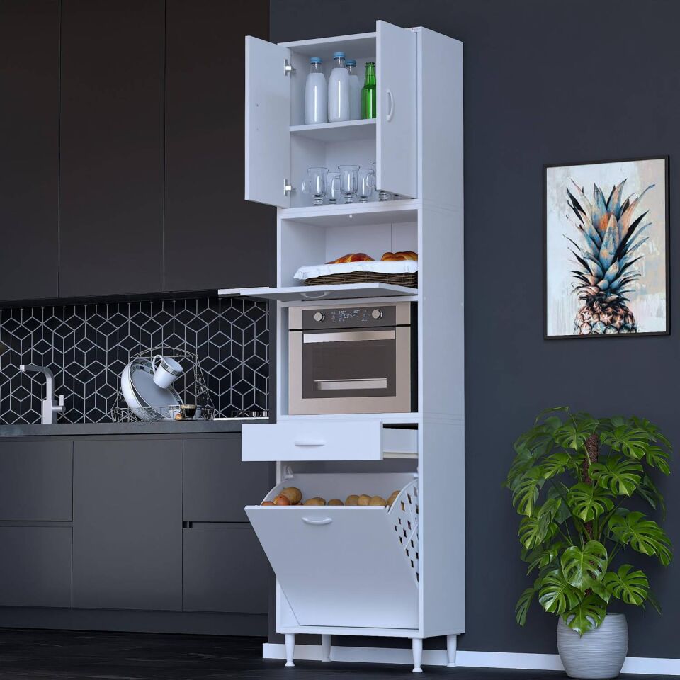 Zevra 65 cm Fırın Dolabı Sepetli Kapaklı 4 Bölmeli Çok Amaçlı Mutfak Kiler Banyo Dolabı 65x226x32 cm