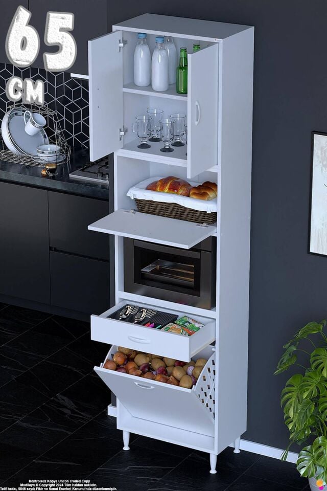 Zevra 65 cm Fırın Dolabı Sepetli Kapaklı 4 Bölmeli Çok Amaçlı Mutfak Kiler Banyo Dolabı 65x226x32 cm