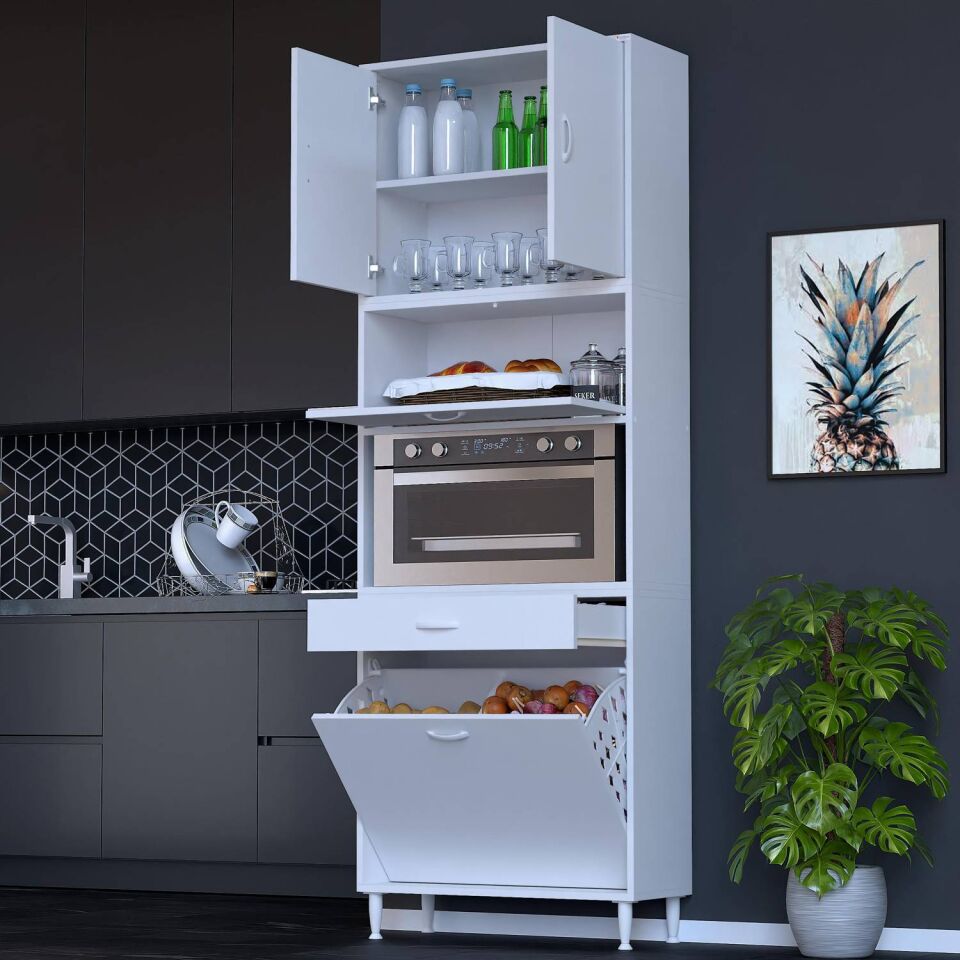 Zevra 70 cm Fırın Dolabı Sepetli Kapaklı 4 Bölmeli Çok Amaçlı Mutfak Kiler Banyo Dolabı 70x226x32 cm