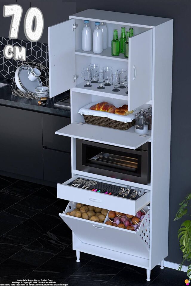 Zevra 70 cm Fırın Dolabı Sepetli Kapaklı 4 Bölmeli Çok Amaçlı Mutfak Kiler Banyo Dolabı 70x226x32 cm
