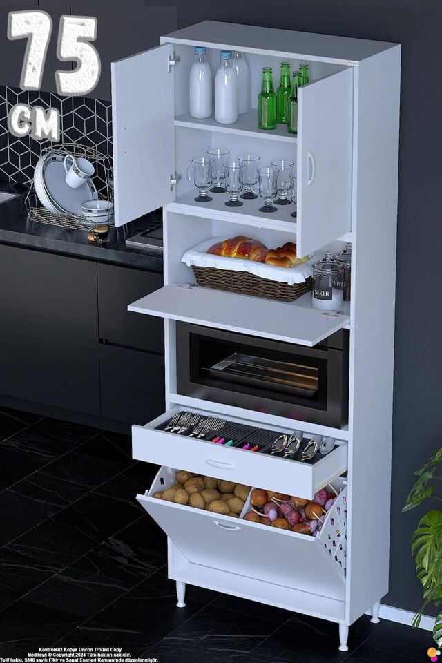 Zevra 75 cm Fırın Dolabı Sepetli Kapaklı 4 Bölmeli Çok Amaçlı Mutfak Kiler Banyo Dolabı 75x226x32 cm