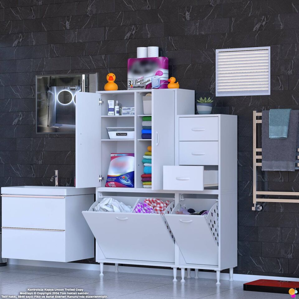 Kaya 120 cm Modüler Banyo/Mutfak Dolabı Kapaklı 3 Çekmece Sepetli Dolap - Beyaz ((70+50)x160x32 cm)