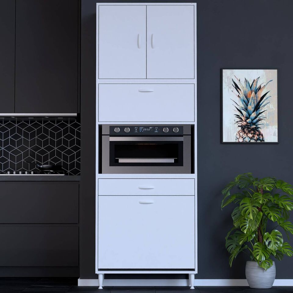 Zevra 80 cm Fırın Dolabı Sepetli Kapaklı 4 Bölmeli Çok Amaçlı Mutfak Kiler Banyo Dolabı 80x226x32 cm