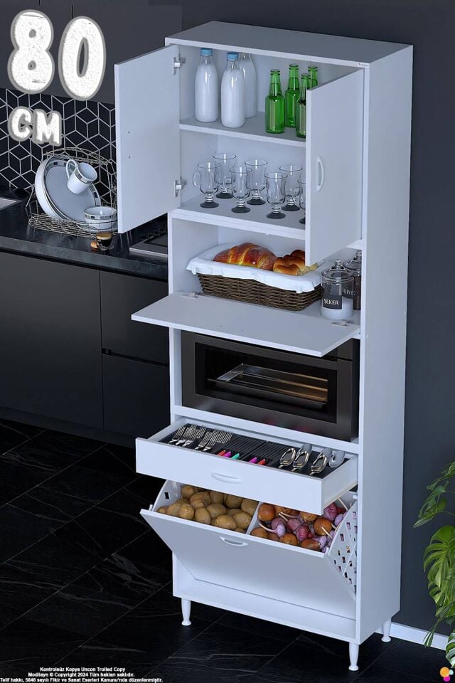 Zevra 80 cm Fırın Dolabı Sepetli Kapaklı 4 Bölmeli Çok Amaçlı Mutfak Kiler Banyo Dolabı 80x226x32 cm