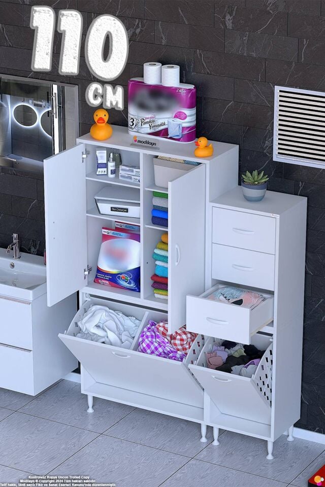 Leyla 110 cm Kapaklı Çekmeceli Modüler Dolap-Beyaz Banyo Dolabı ((75+35)x160x32 cm)