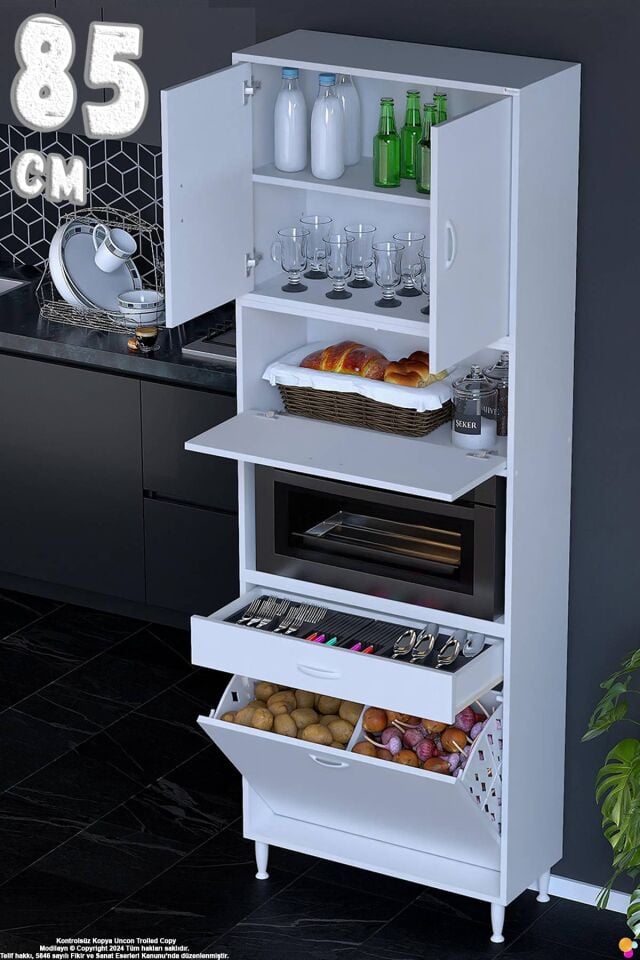 Zevra 85 cm Fırın Dolabı Sepetli Kapaklı 4 Bölmeli Çok Amaçlı Mutfak Kiler Banyo Dolabı 85x226x32 cm