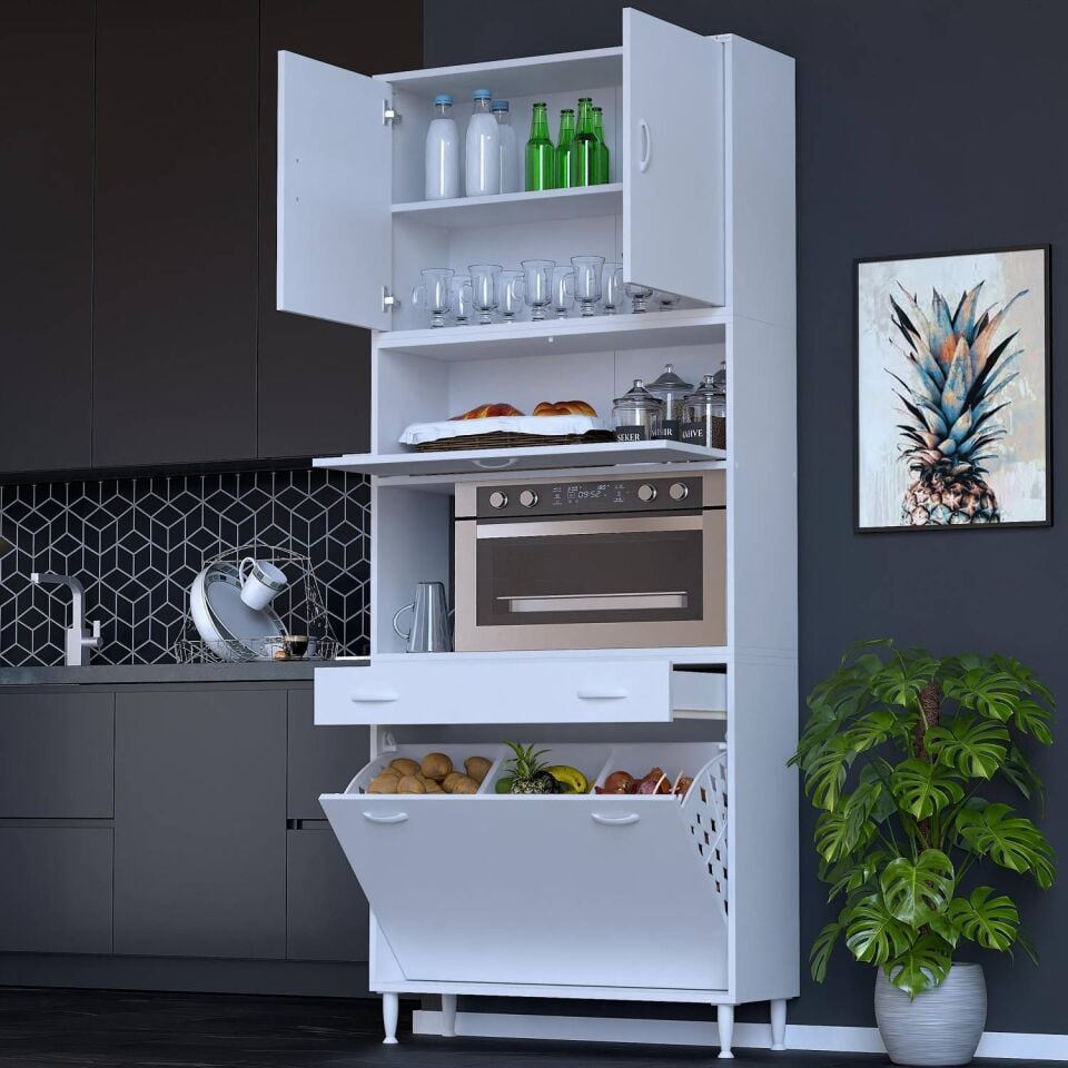Zevra 90 cm Fırın Dolabı Sepetli Kapaklı 4 Bölmeli Çok Amaçlı Mutfak Kiler Banyo Dolabı 90x226x32 cm