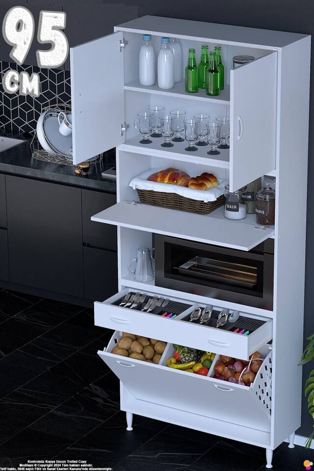 Zevra 95 cm Fırın Dolabı Sepetli Kapaklı 4 Bölmeli Çok Amaçlı Mutfak Kiler Banyo Dolabı 95x226x32 cm