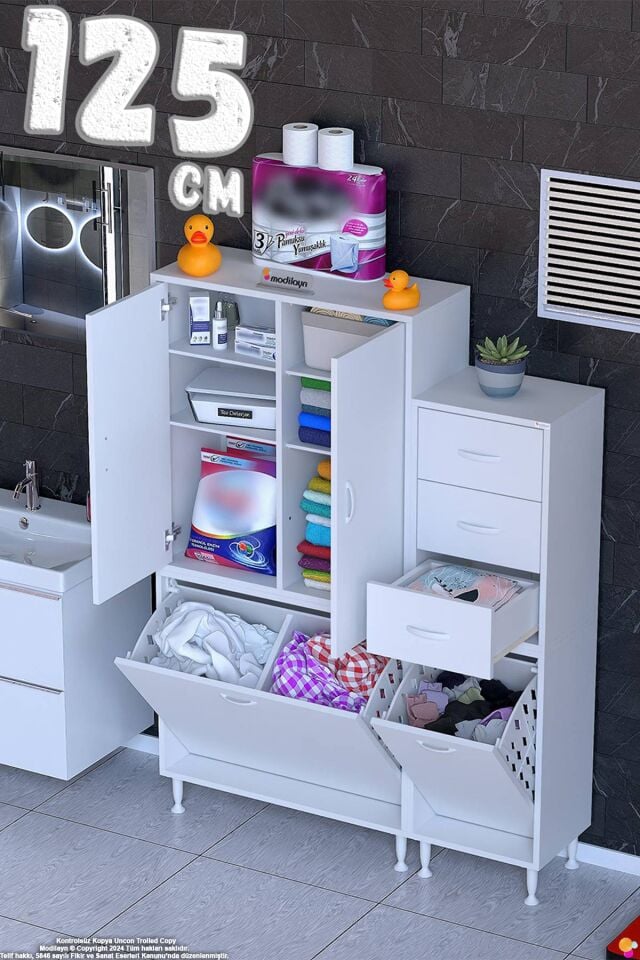 Leyla 125 cm Kapaklı Çekmeceli Modüler Dolap-Beyaz Banyo Dolabı ((75+50)x160x32 cm)