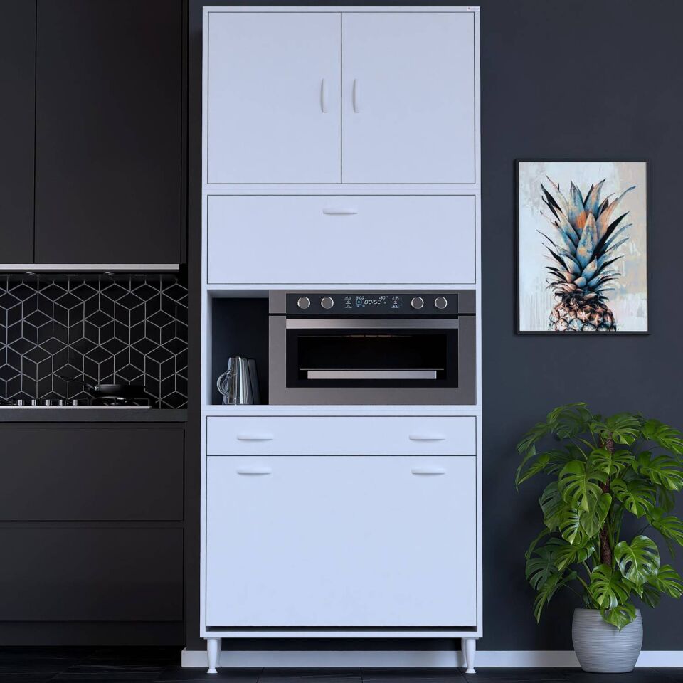 Zevra 100 cm Fırın Dolabı Sepetli Kapaklı 4 Bölme Çok Amaçlı Mutfak Kiler Banyo Dolabı 100x226x32 cm
