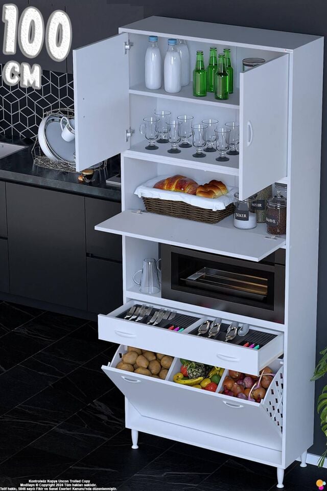 Zevra 100 cm Fırın Dolabı Sepetli Kapaklı 4 Bölme Çok Amaçlı Mutfak Kiler Banyo Dolabı 100x226x32 cm