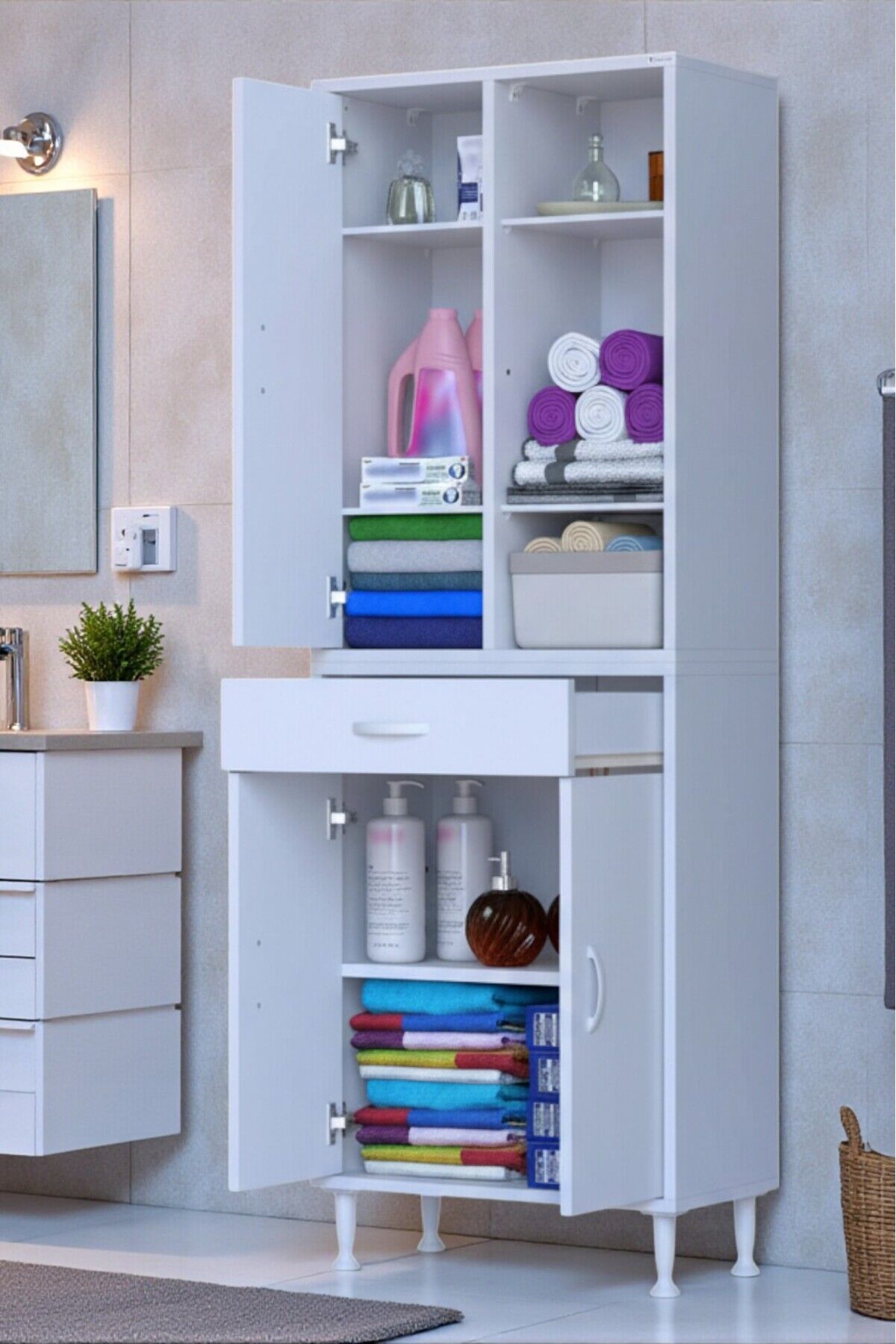 Rivo 4 Raflı Banyo/Mutfak Dolabı 60 cm Beyaz Renkli Çok Amaçlı Dolap 60x173x32,5 cm Ebatlarında